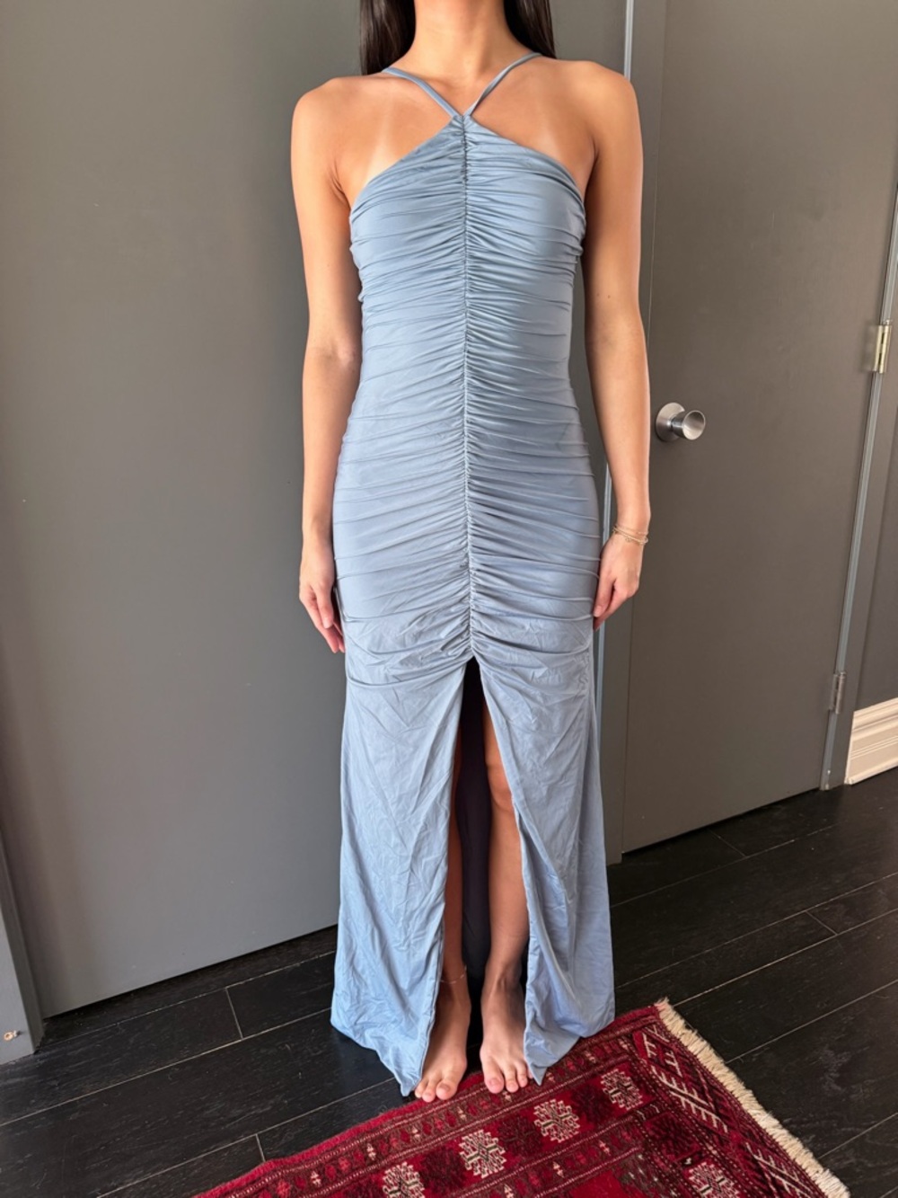 Ruched Halter Maxi Dress in Dusty Blue